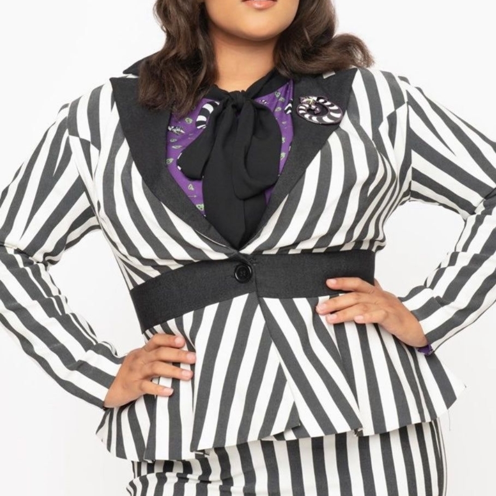 Black and White Striped Beetlejuice Blazer with Sandworm Pin